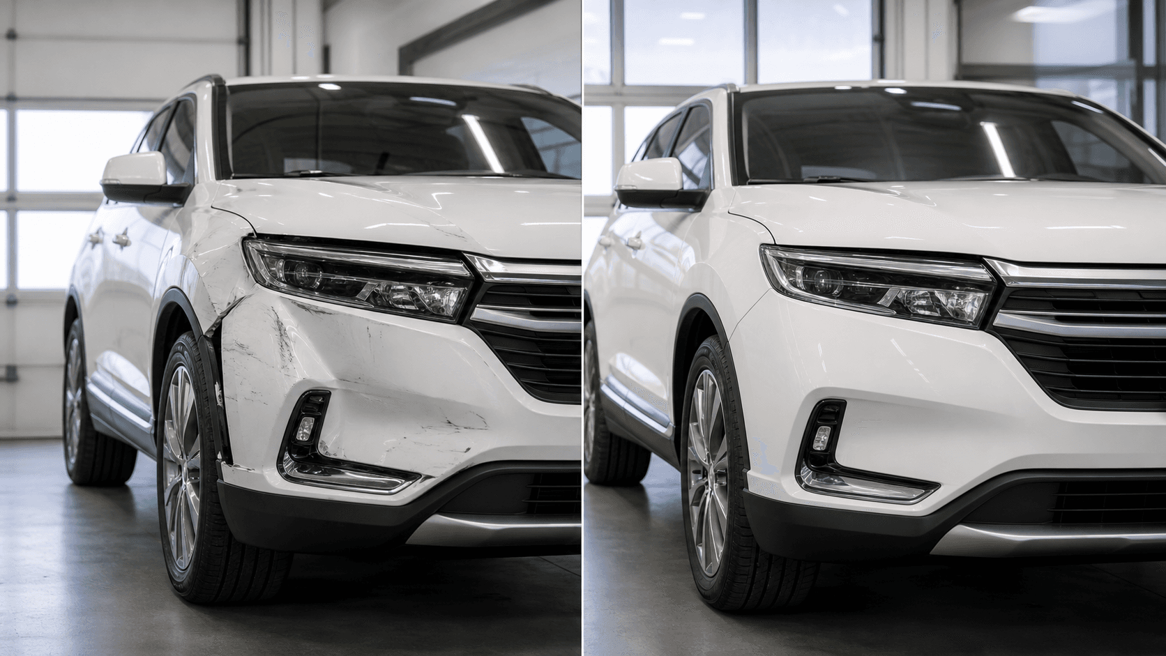 The same white crossover before and after collision repair
