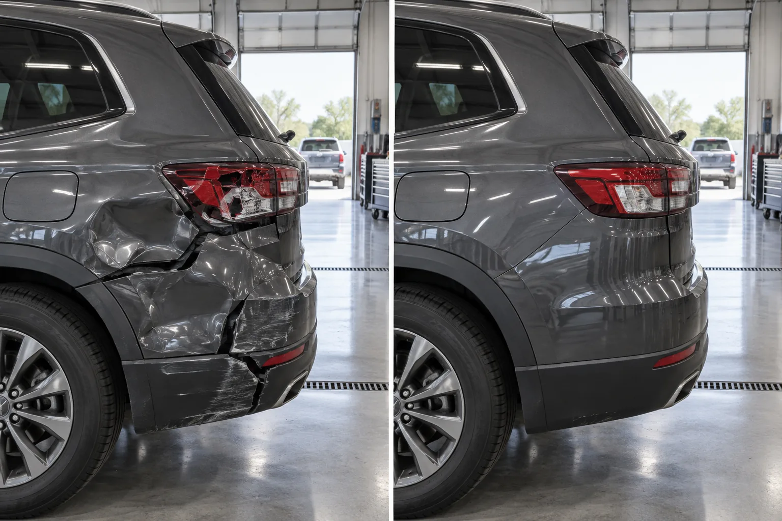 Gray SUV before and after rear-quarter collision repair