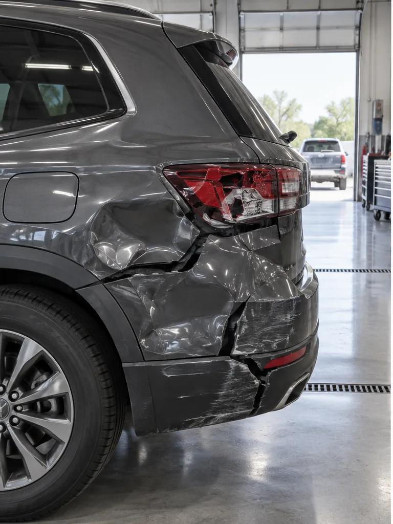 Rear-quarter collision damage awaiting structural and body repair