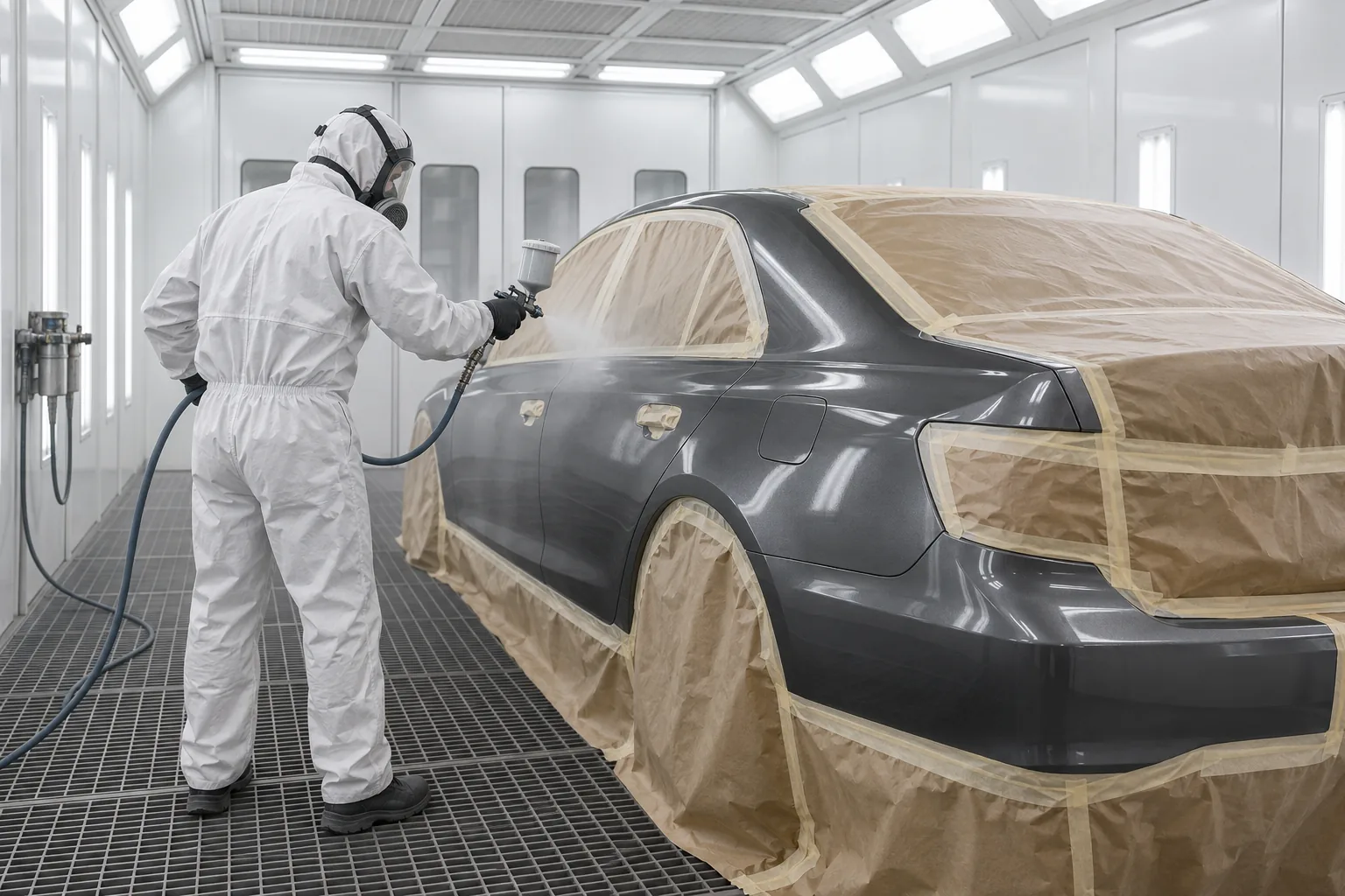 Technician refinishing a sedan inside a downdraft paint booth
