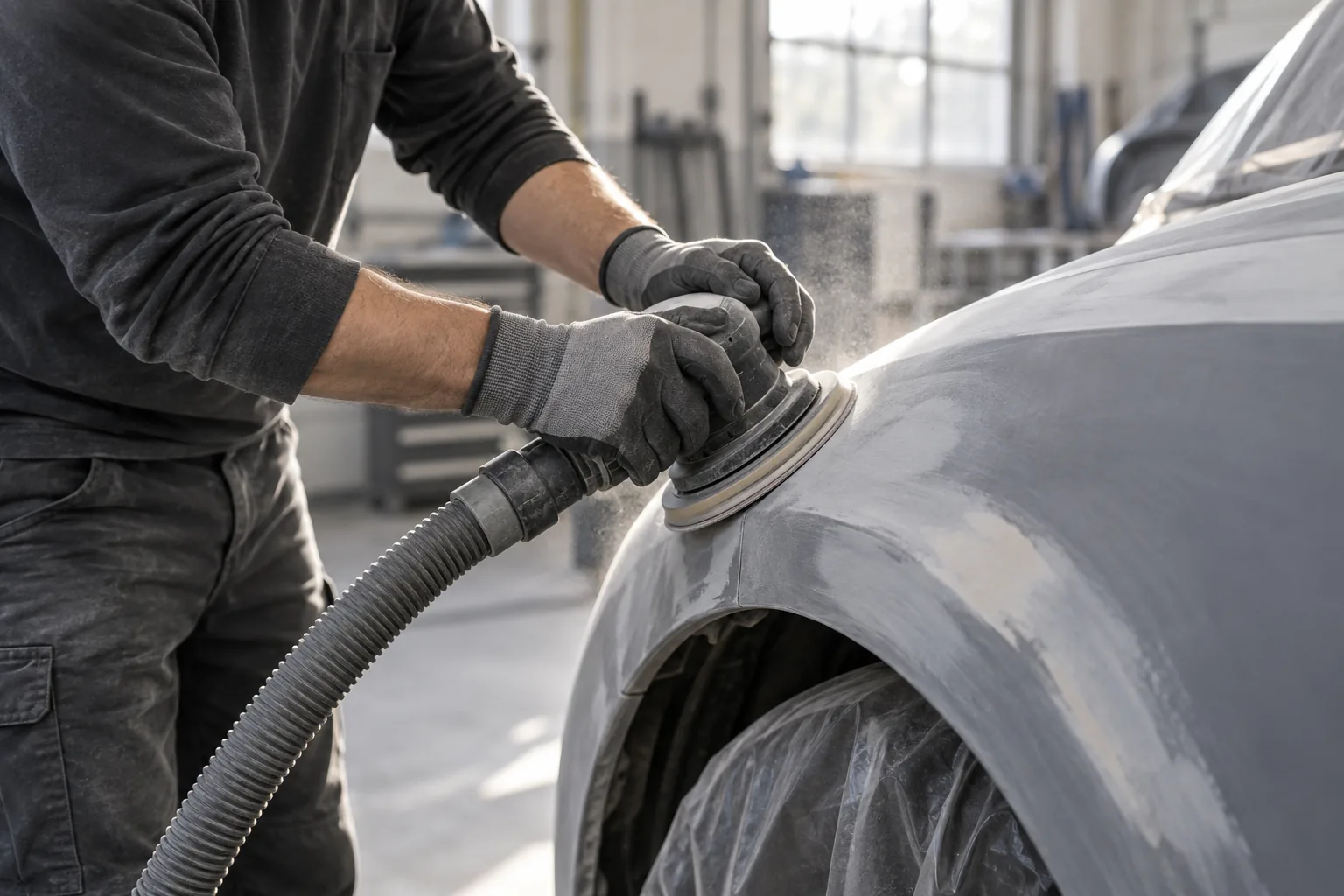 Technician block-sanding a repaired quarter panel