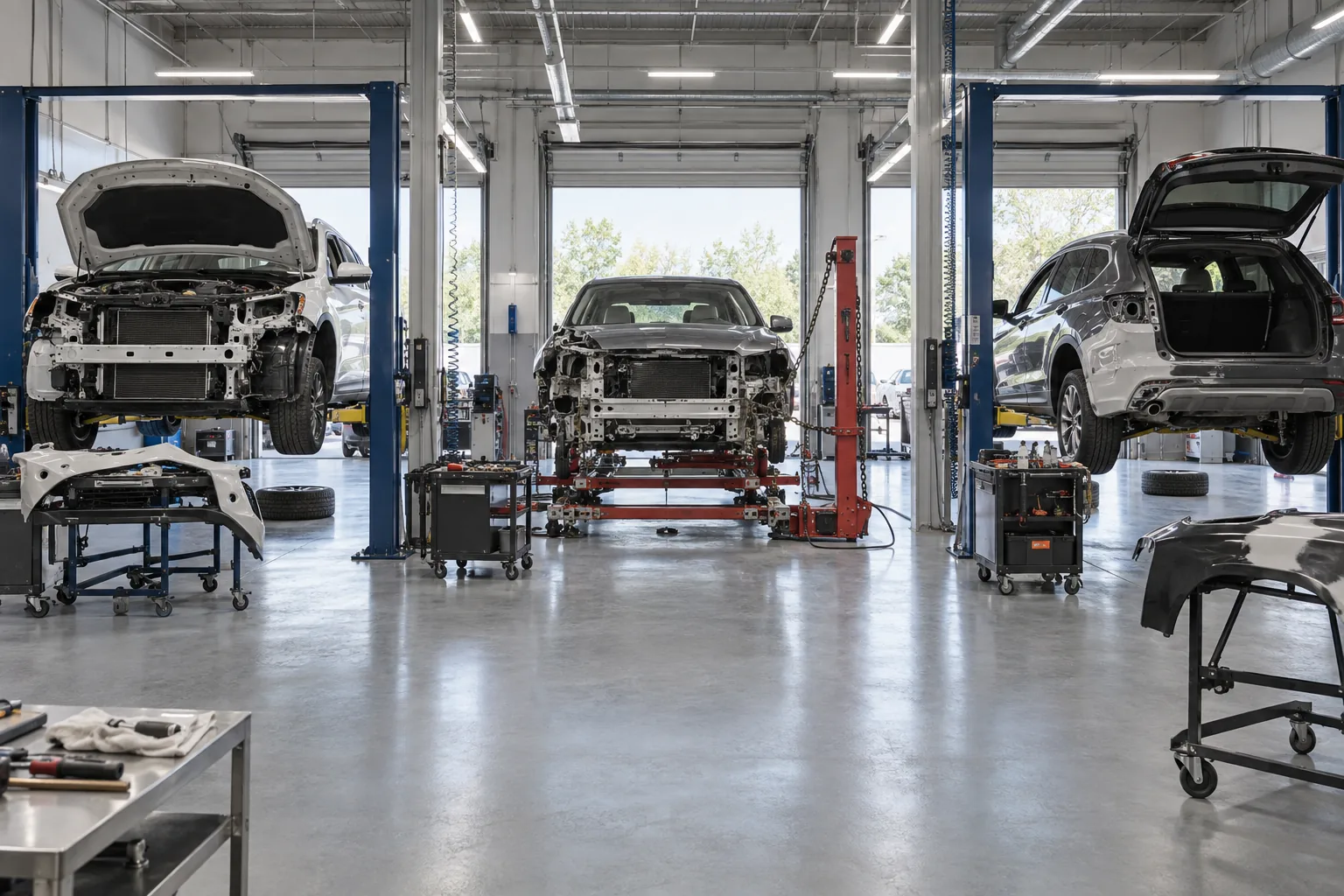 Collision repair bays with vehicles on lifts and a frame machine